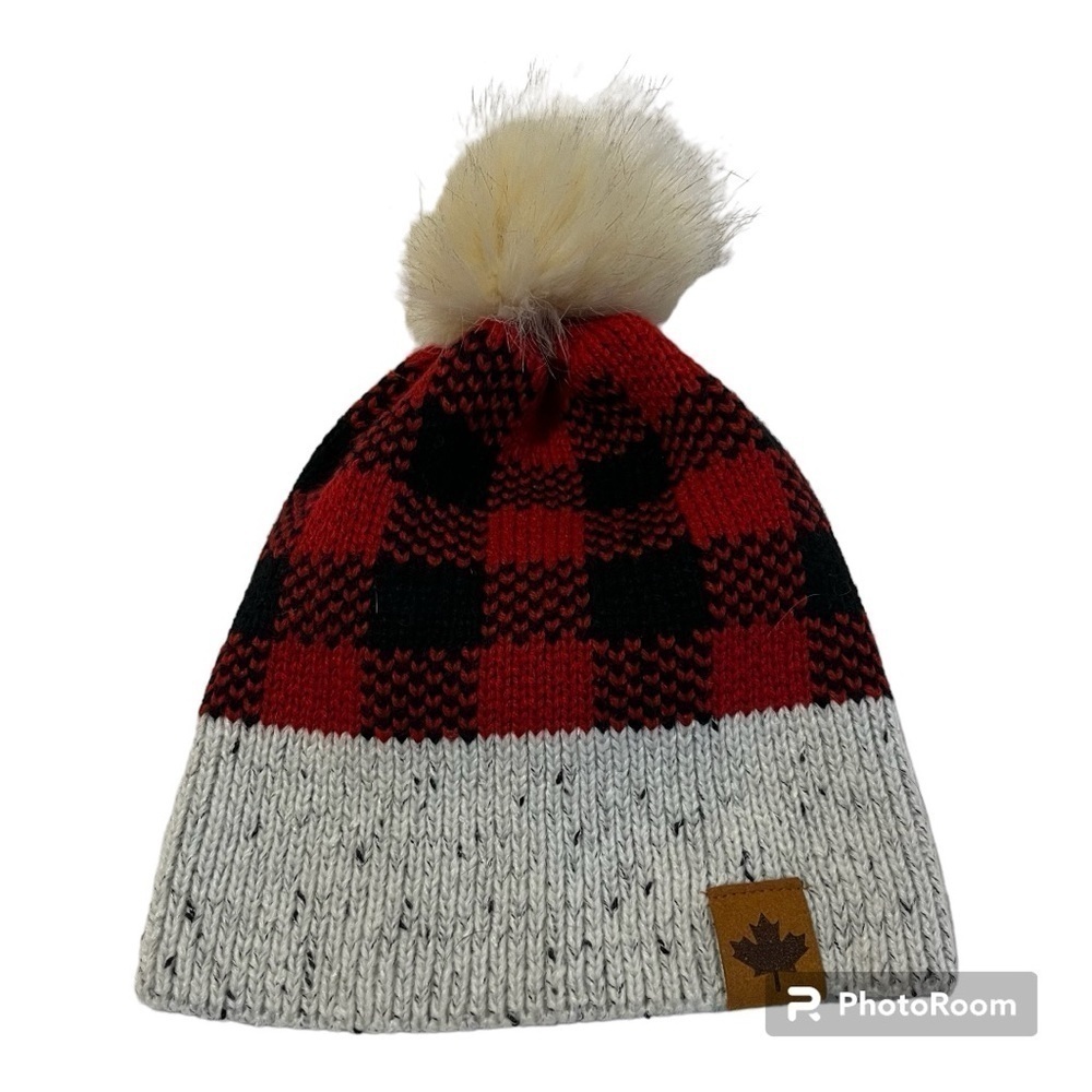 Red and black plaid faux fur pompom hat